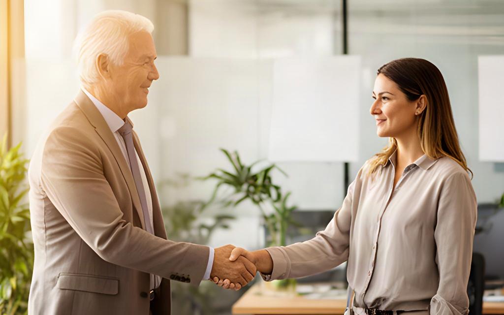 Responsabile e nuova collaboratrice si stringono la mano in un ufficio moderno