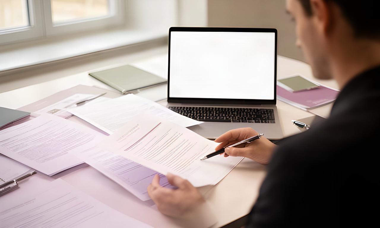 Persona che consulta condizioni contrattuali su un tavolo di lavoro luminoso con computer e documenti