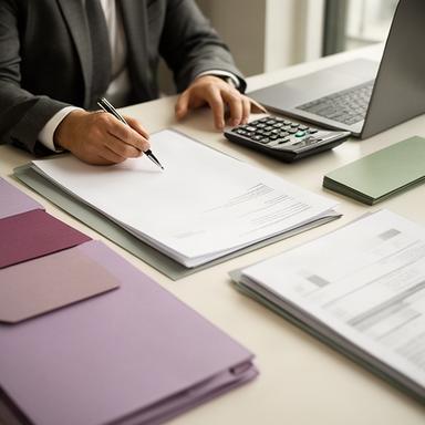 Professionista che verifica documenti contrattuali e contributivi su una scrivania